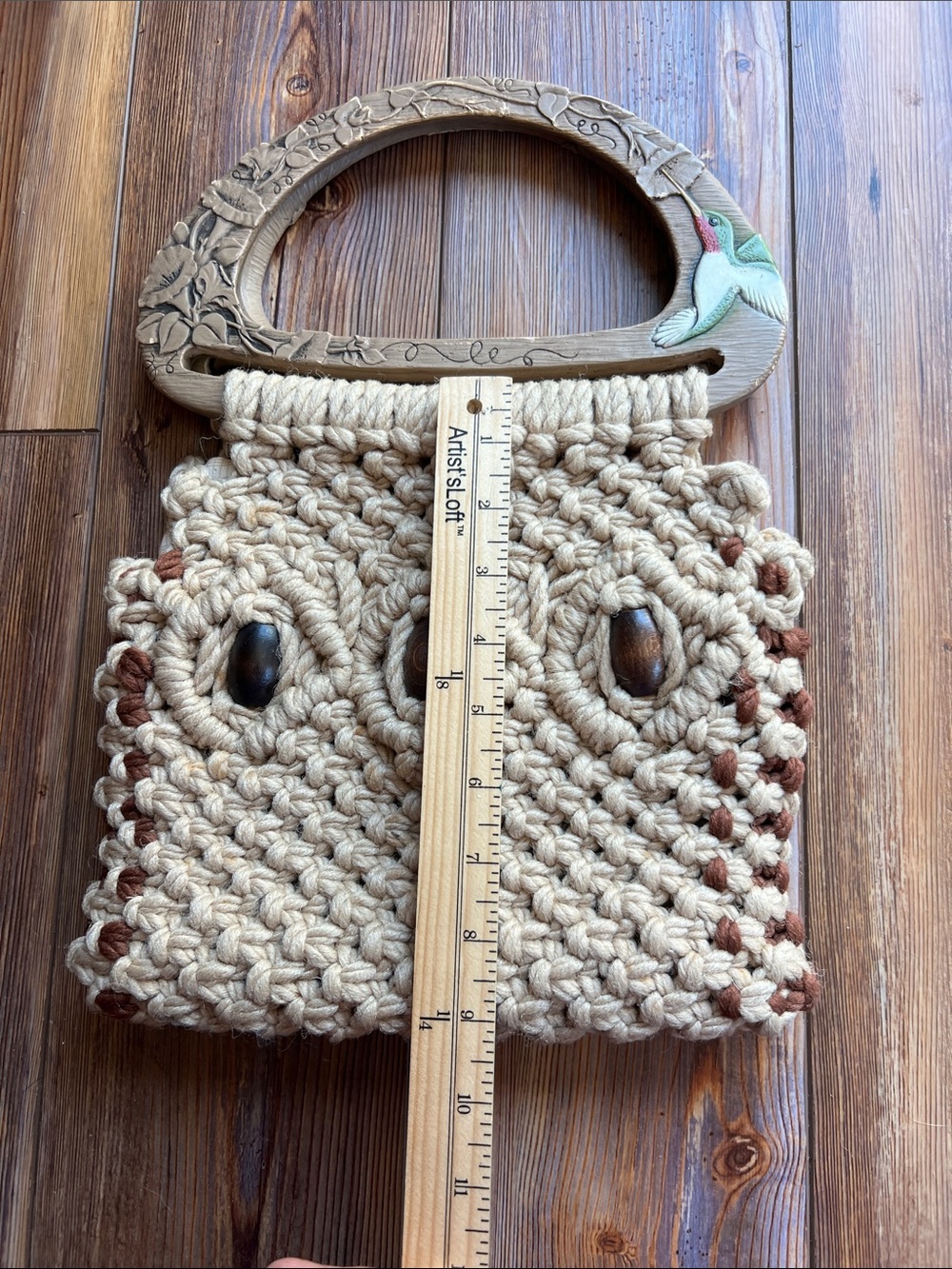 Handmade Macramé Purse with Wood Handles and Bead Accents - Picture 8 of 10
